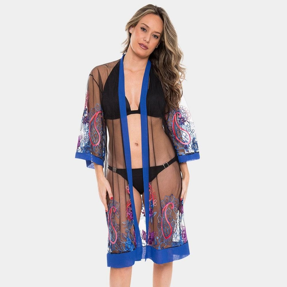 Embroidered Open Kimono Poncho
